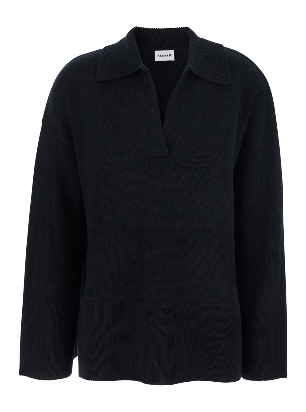 Black Sweater with Polo Shirt Style Collar and Dropped Shoulder in Wool Cashmere Woman Jersey