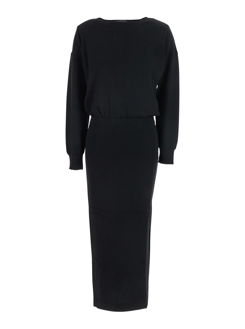 Black Round Neck Dress with Draped Waist in Wool Blend Woman Kashmir Elastane