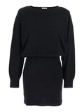 Black Dress with Boat Neck in Wool and Cashmere Blend Woman Kashmir Elastane