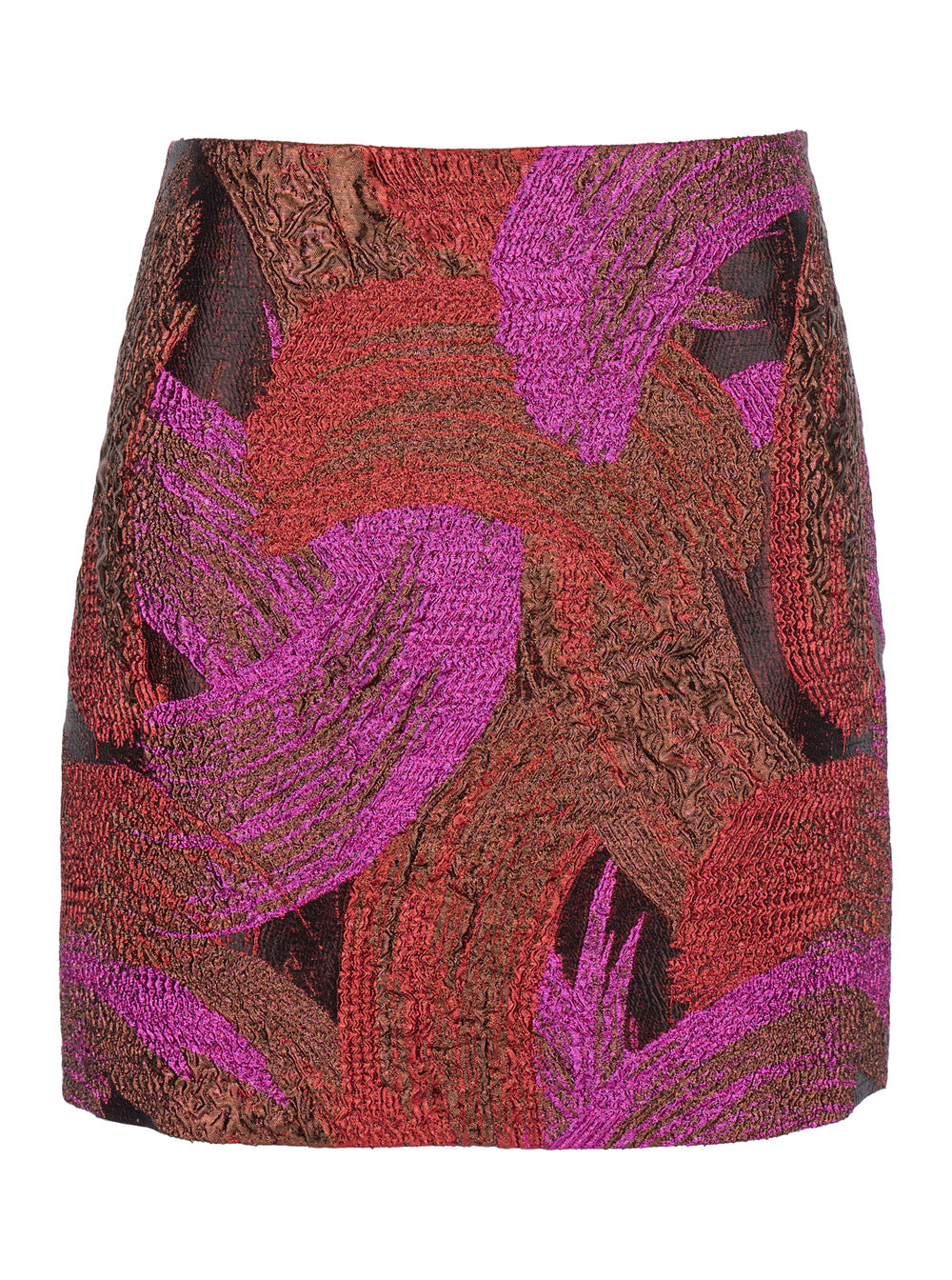 Fuchsia Mini Skirt with All-Over Broccato Motif and Concealed Rear Zip Closure in Tech Fabric Woman Fuxia Metallic Fibers Polyester