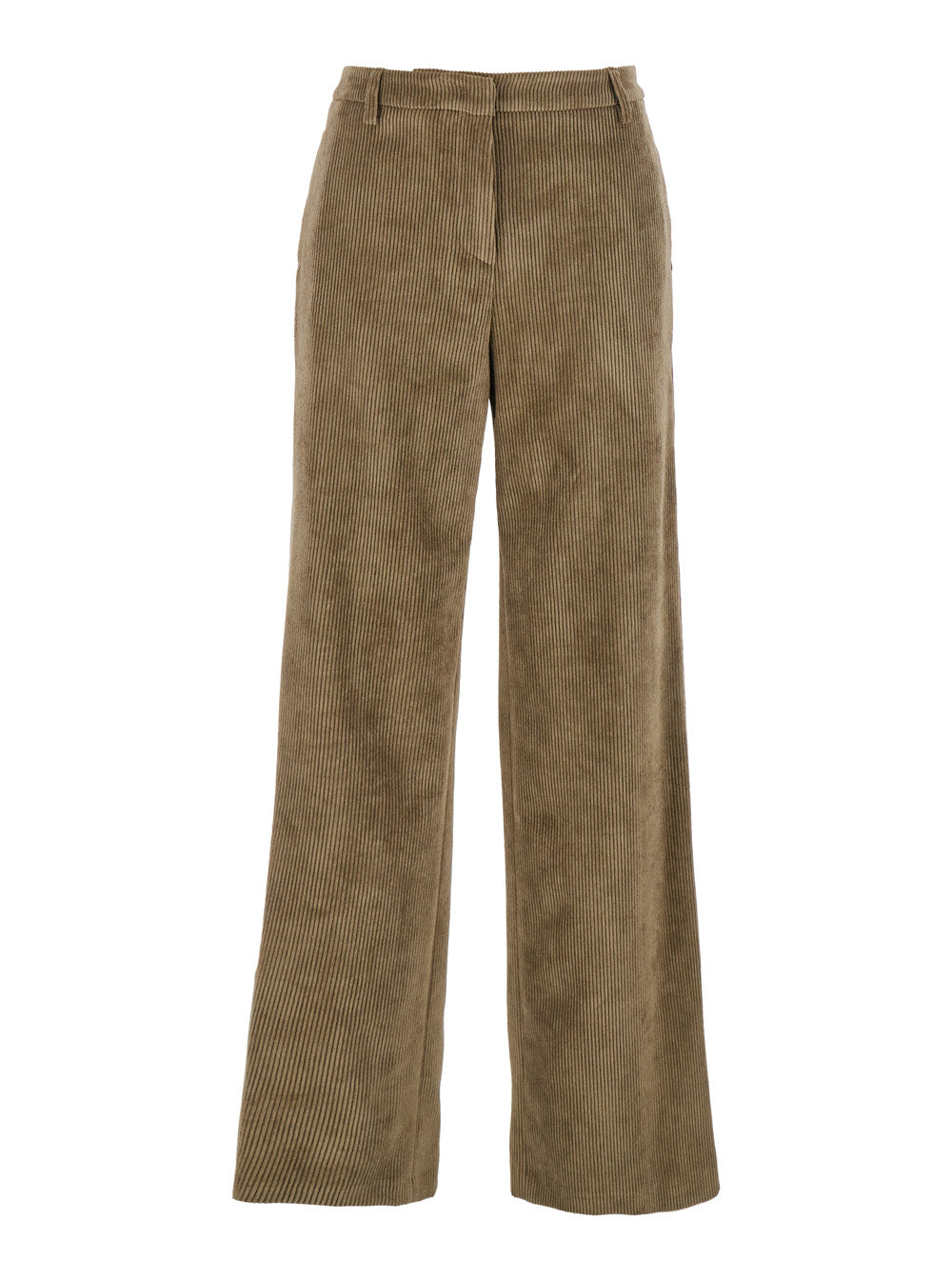 Green Pants with Belt Loops in Ribbed Velvet Woman Polyester Nylon Elastane Trousers