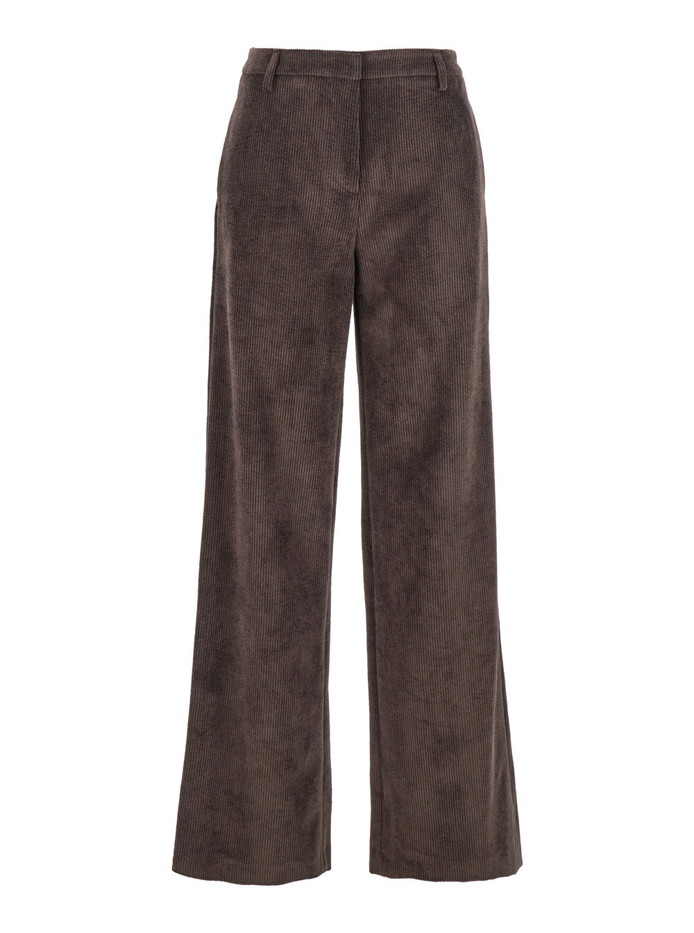 Brown Pants with Belt Loops in Ribbed Velvet Woman Polyester Nylon Elastane Trousers