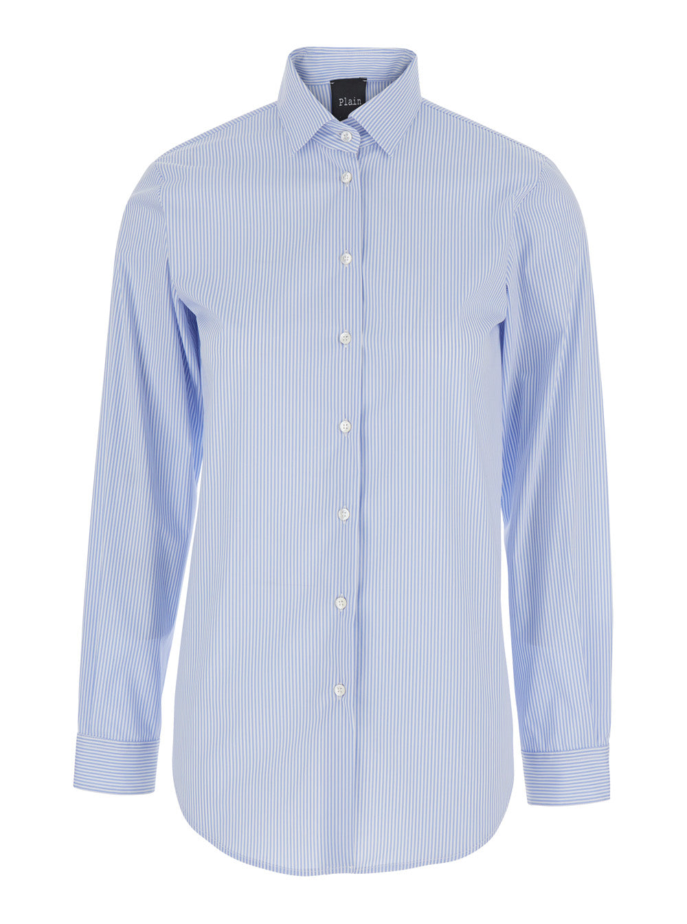 Light Blue Shirt with Classic Collar and Curved Hem in Cotton Woman Polyamide Elastane Blouses