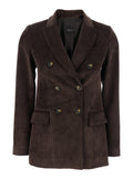 Brown Double-Breasted Jacket with Peak Revers in Ribbed Velvet Woman Polyester Nylon Elastane Blazers
