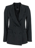 Black Double-breasted Jacket with Damask Effect in Wool Woman Polyester Polyamide Elastane Blazers
