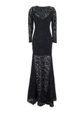Black Maxi Dress with Rear Concealed Zip Closure and All-Over Embroidery in Lace Woman Cotton Silk