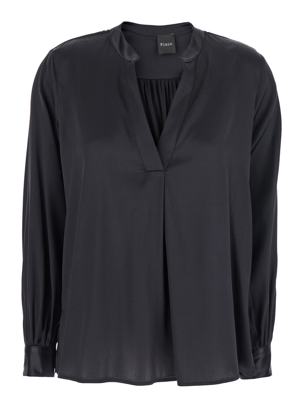 Black Blouse with V Neck and Buttoned Cuffs in Silk Woman Shirts Blouses
