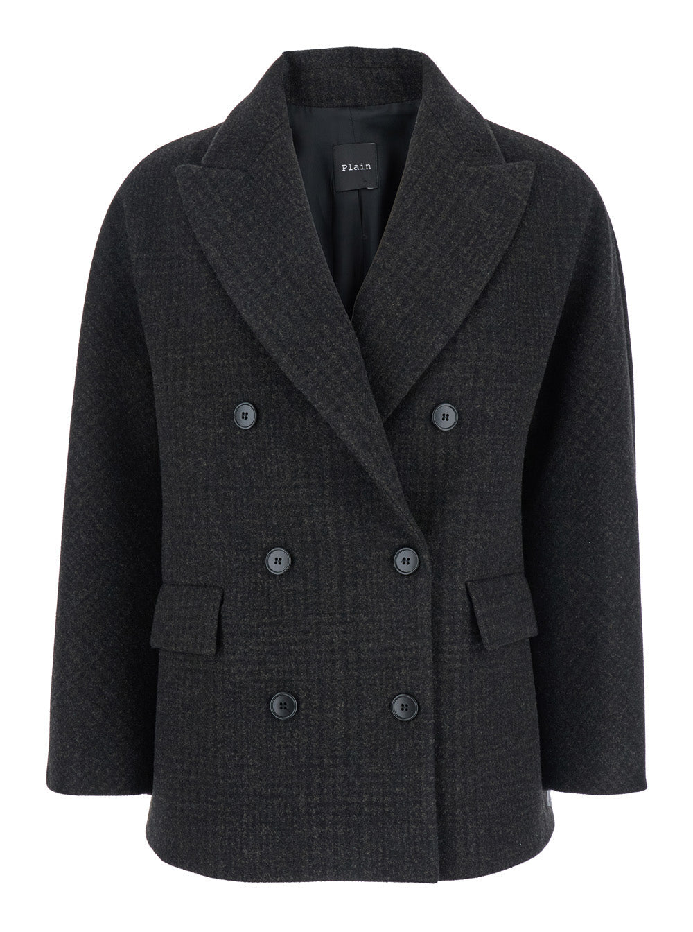 Brown Double-Breasted Jacket with Peak Revers and All-Over Check Motif in Wool Woman Outerwear