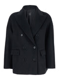 Black Double-Breasted Jacket with Peak Revers in Wool Woman Polyester Outerwear