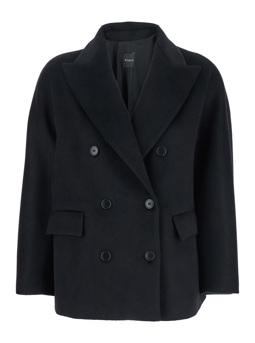 Black Double-Breasted Jacket with Peak Revers in Wool Woman Polyester Outerwear