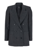 Grey Double-Breasted Jacket with Peak Revers and All-Over Striped Motif in Wool Blend Woman Polyester Viscose Elastane Blazers