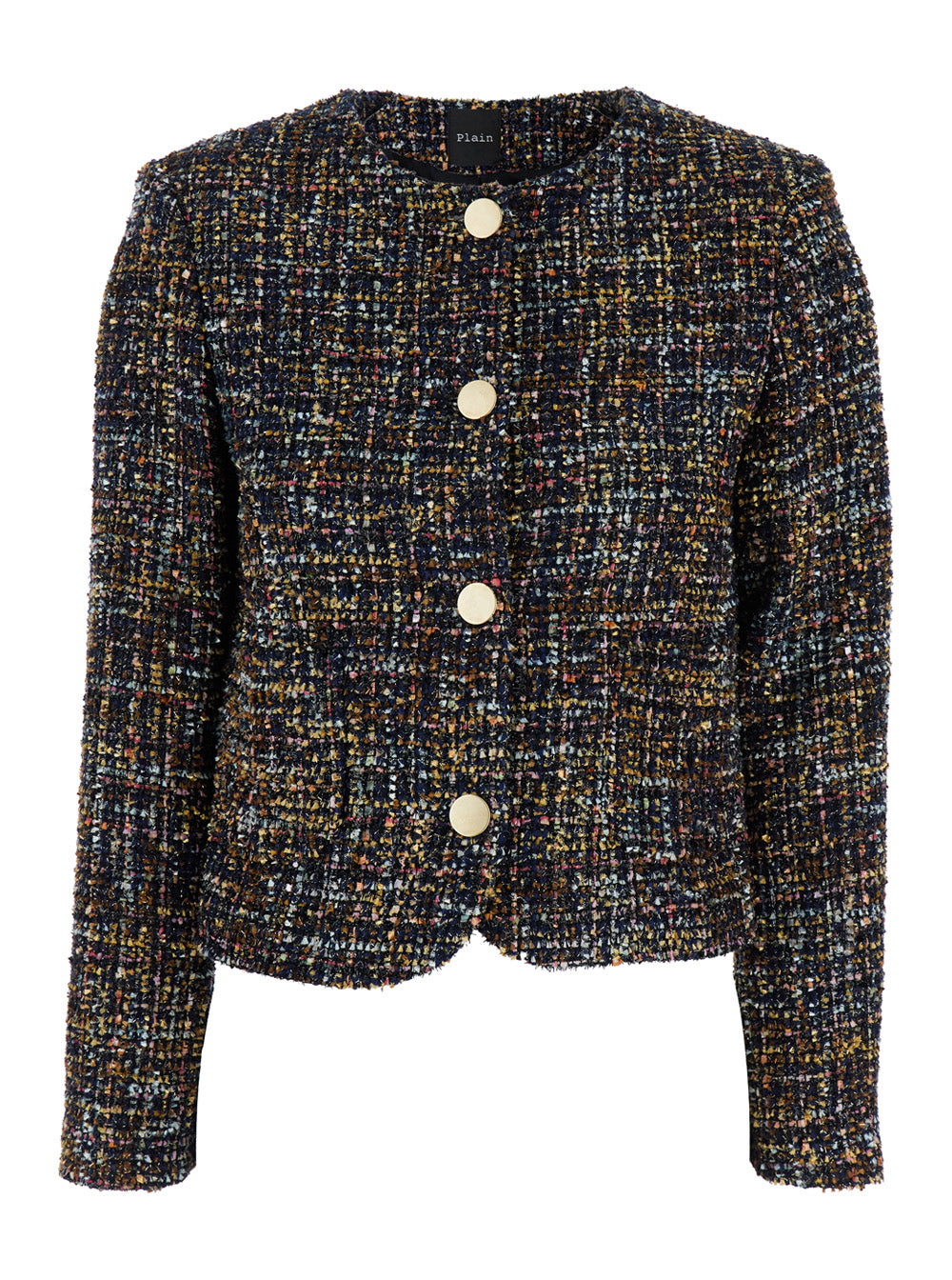Multicolor Jacket with Round Neck and Front Button Closure in Tweed Woman Polyester Acetate Blazers