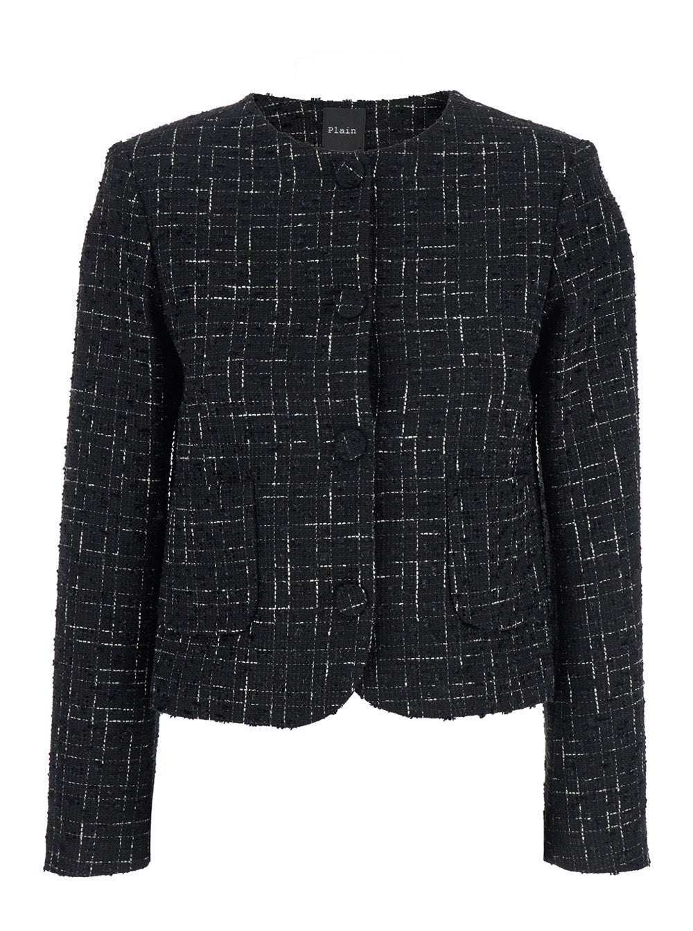 Black Jacket with Round Neck and Front Button Closure in Tweed Woman Blazers