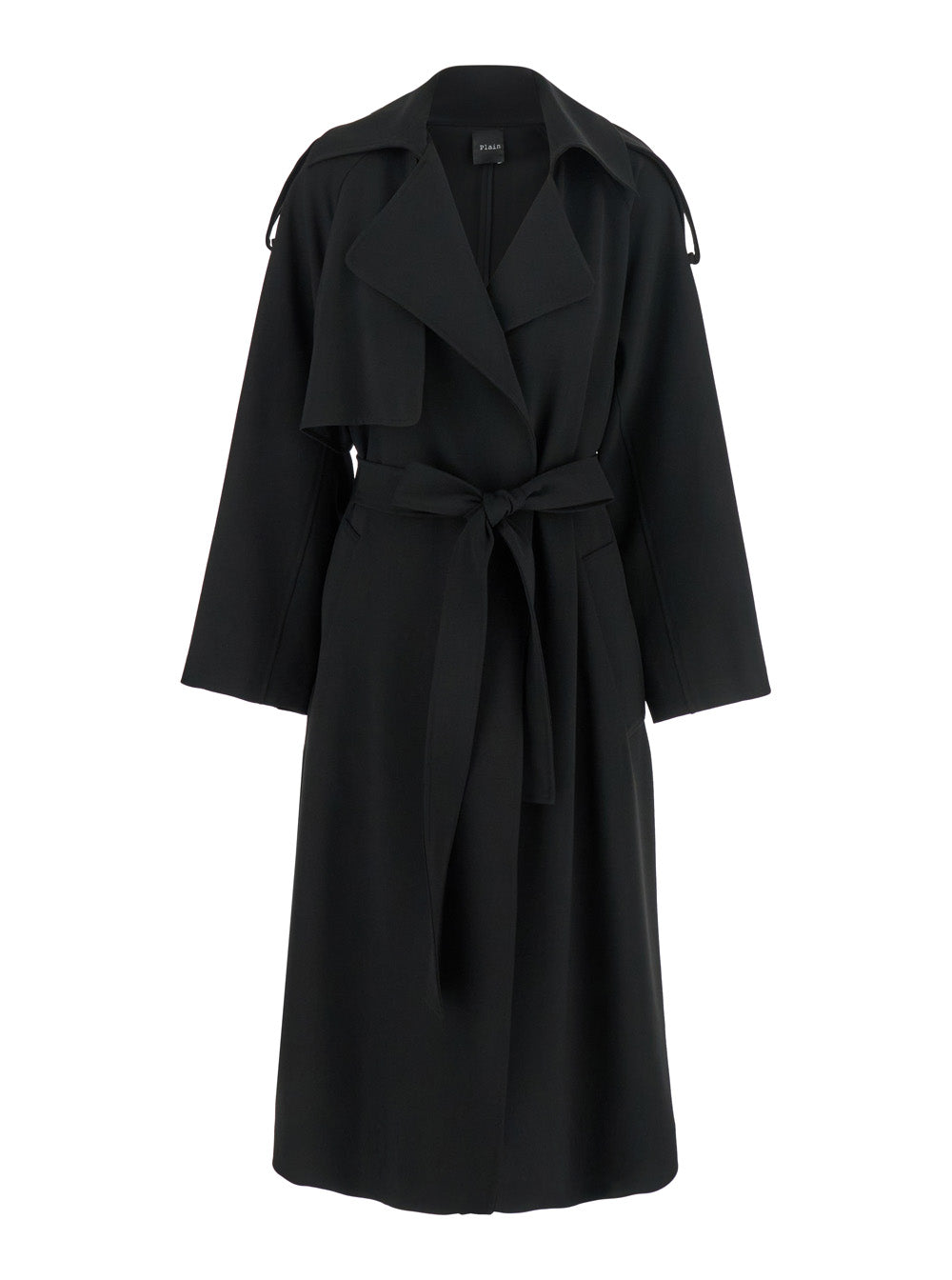 Black Double-Breasted Trench Coat with Matching Belt in Cady Woman Polyester Elastane Outerwear