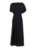 Black Long Dress with Square Neckline and Short Sleeves in Tech Fabric Woman Polyester