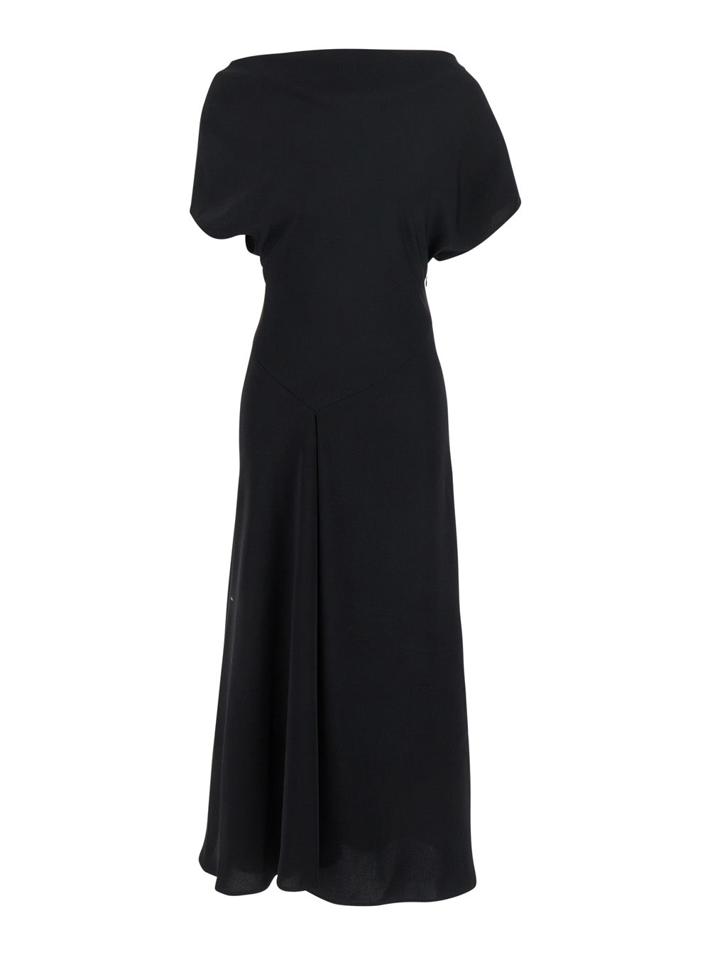 Black Long Dress with Square Neckline and Short Sleeves in Tech Fabric Woman Polyester