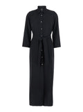 Black Long Dress With Classic Collar And Front Button Closure Fabric Woman