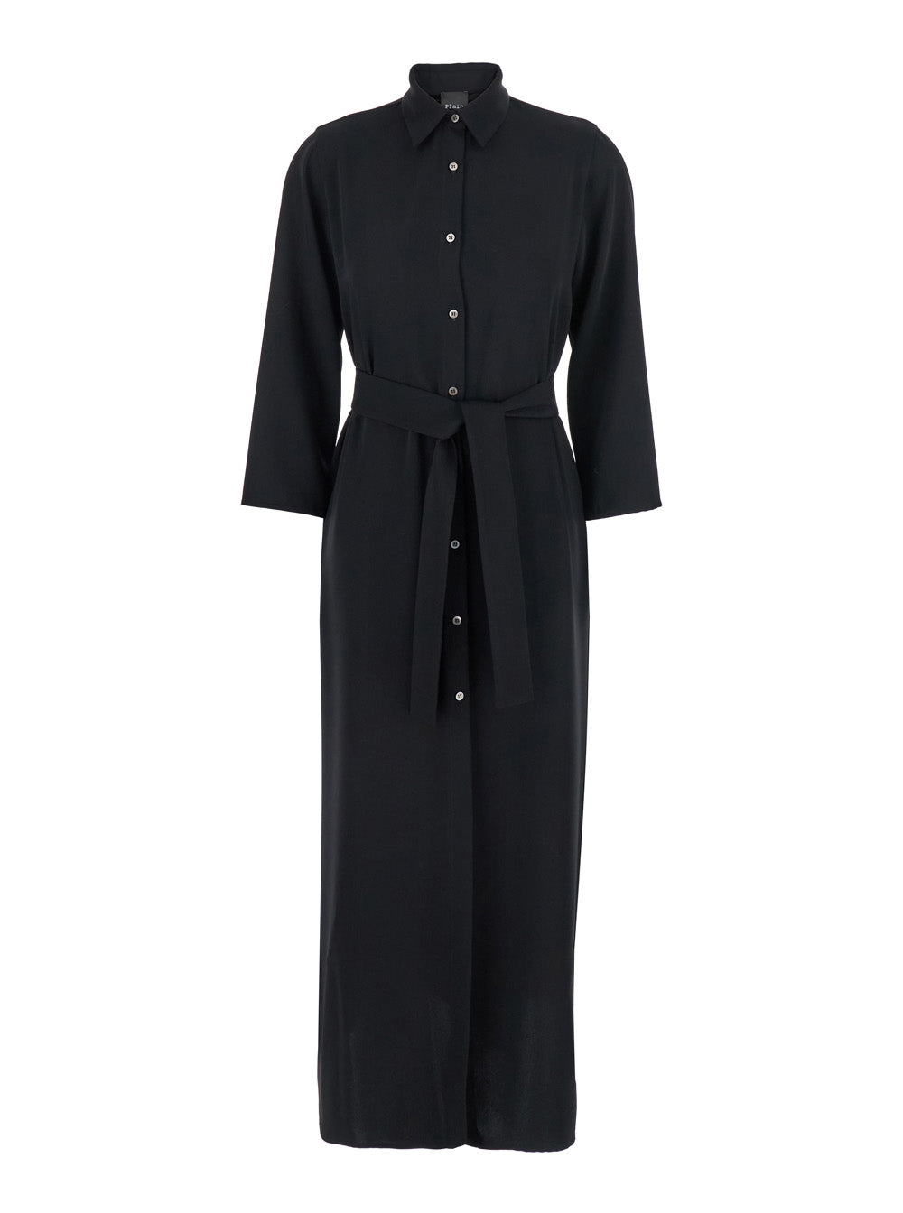 Black Long Dress With Classic Collar And Front Button Closure Fabric Woman