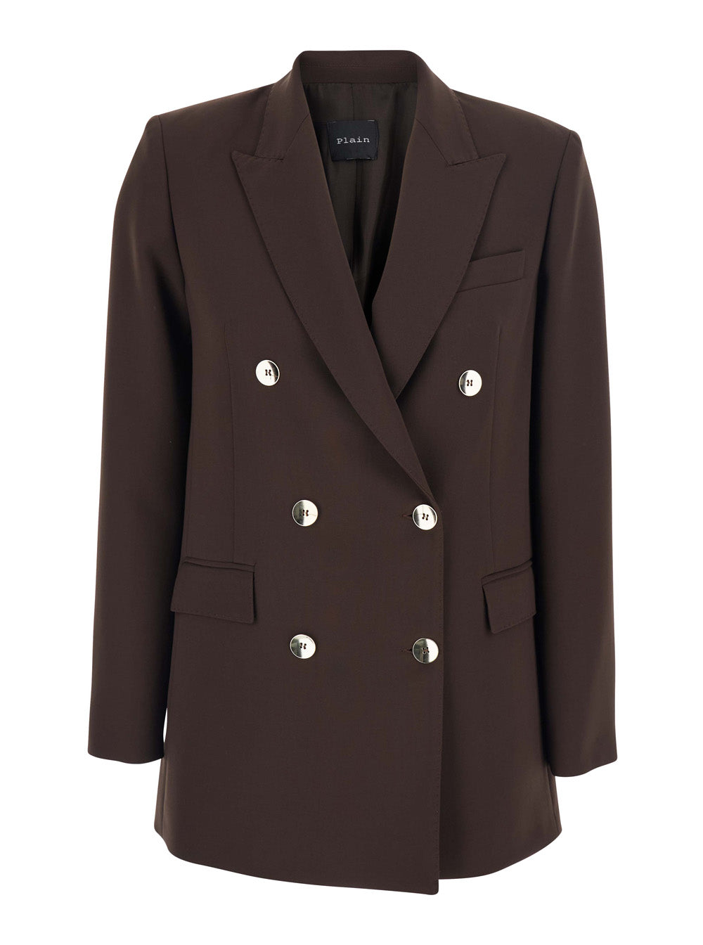 Brown Double-Breasted Jacket with Peak Revers in Wool Blend Woman Polyester Elastane Blazers