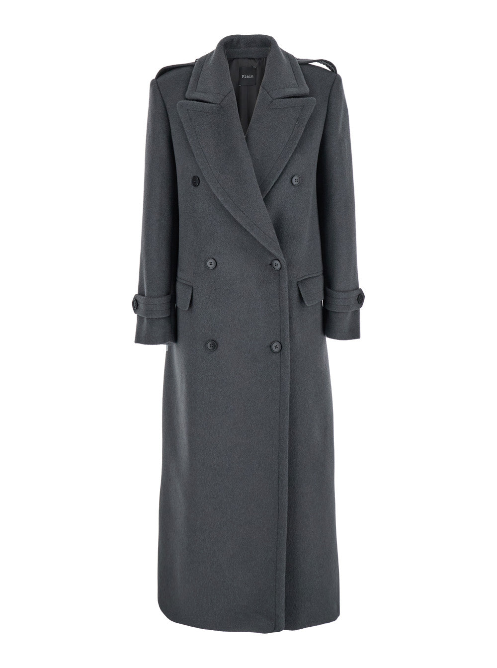 Grey Double-Breasted Coat with Wide Notched Revers in Wool Woman Polyester Outerwear