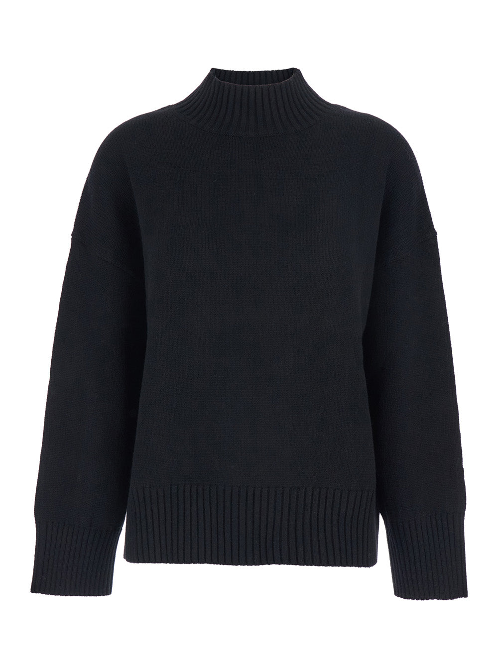 Black Turtleneck Sweater with Dropped Shoulder in Cashmere Woman Jersey