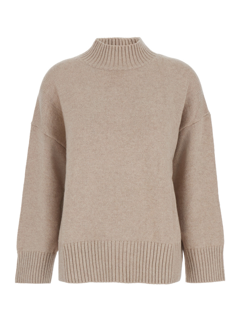 Beige Turtleneck Sweater with Dropped Shoulder in Cashmere Woman Jersey