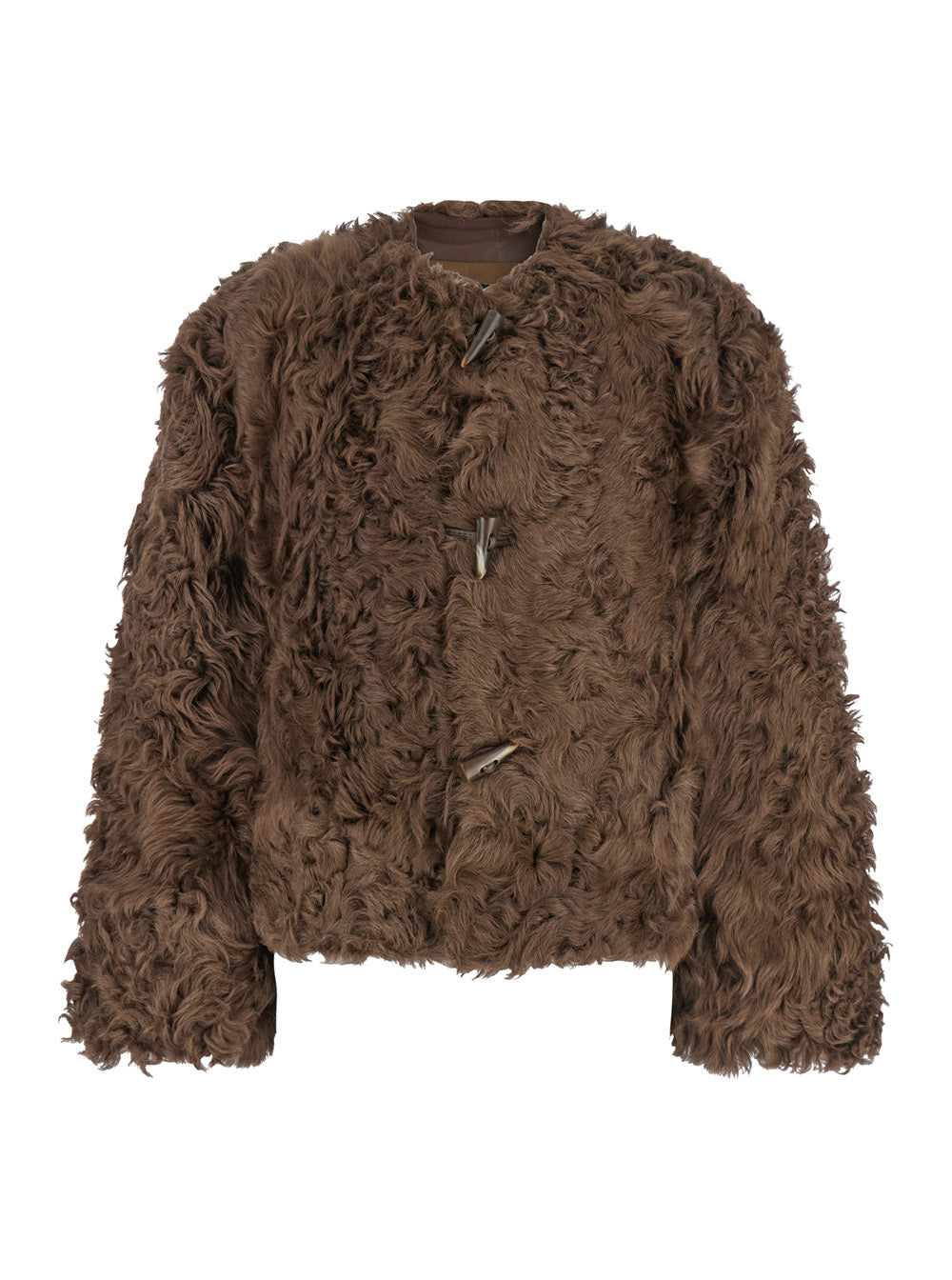 Brown Collarless Fur Jacket with Front Toggle Closure in Woman Hu Lamb Curly Shearling And Furs