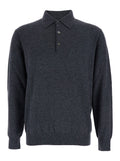 Grey Sweater with Polo Shirt Style Collar and Long Sleeves in Wool Blend Man Cashmere Jersey