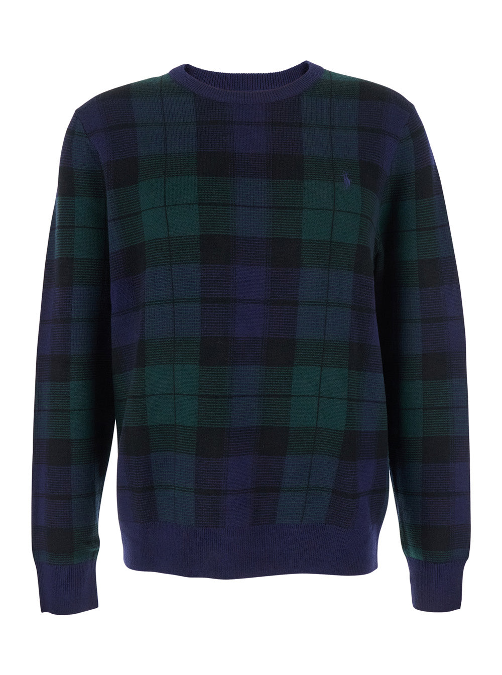 Blue Crewneck Sweater with Pony Embroidery on the Front and All-Over Check Motif in Wool Man Blu Jersey