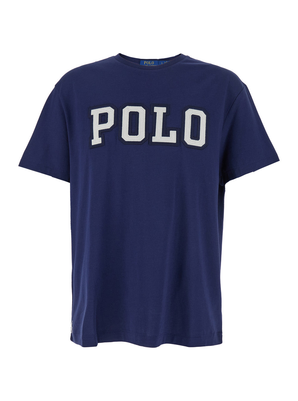 Blue Crewneck T-Shirt with Logo Lettering on the Fornt and Pony Embroidery Front in Cotton Man Blu Tshirts Polo Shirts