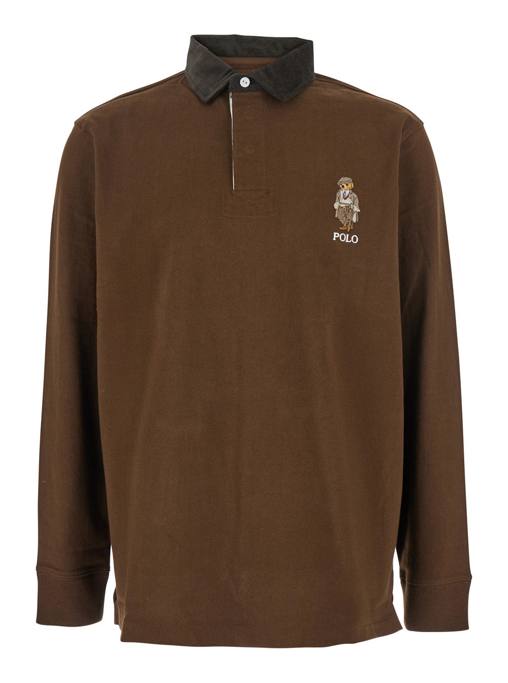 Classic Fit Brown Polo Shirt with Corduroy Collar and Logo Embroidery on the Front in Cotton Man Tshirts