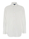 Custom Fit White Shirt with Pointed Collar and Contrasting Pony Embroidery on the Side in Cotton Man Blouses