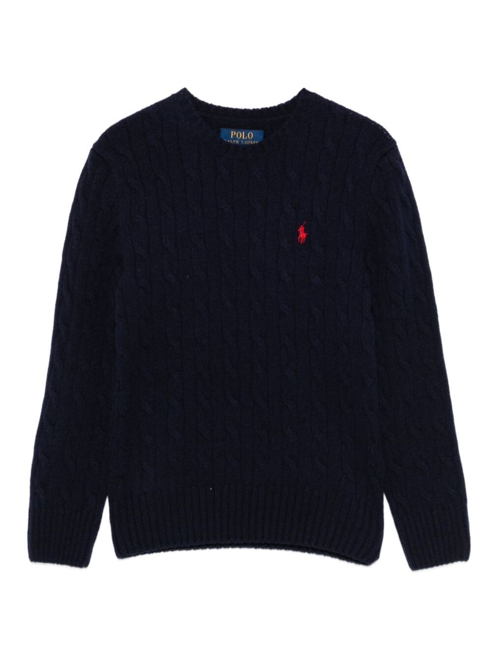 Blue Sweater with Round Neck and Pony Embroidery on the Front in Wool Cashmere Boy Blu Jersey