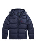 Blue Down Jacket With Fixed Hood And Pony Logo On The Front Tech Fabric Boy Blu Polyester