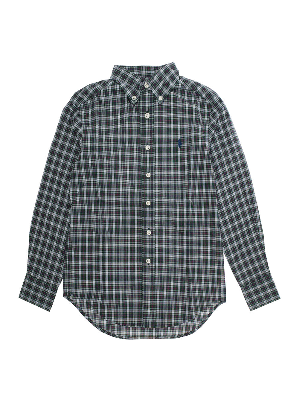 Green Shirt with Pony Embroidery on the Front and All-Over Check Motif in Cotton Boy Blouses