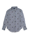 Blue Shirt with All-Over Striped Motif and Bear Print in Cotton Boy Blu Blouses