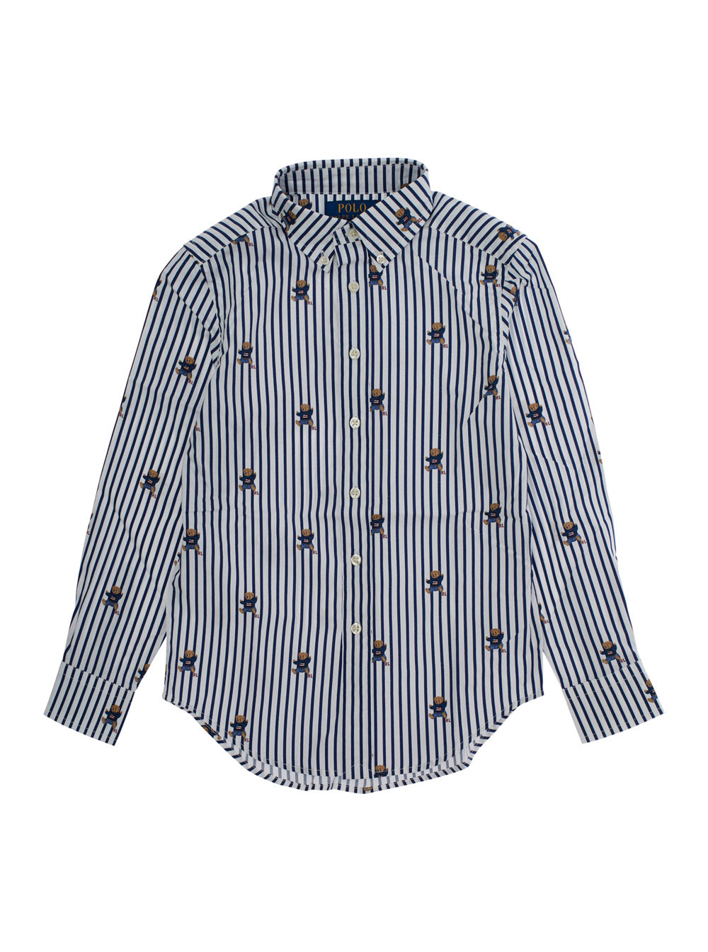 Blue Shirt with All-Over Striped Motif and Bear Print in Cotton Boy Blu Blouses