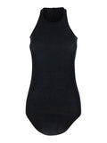 Black Top with U-Neck and Ribbed Desgin in Viscose Silk Blend Woman Tops