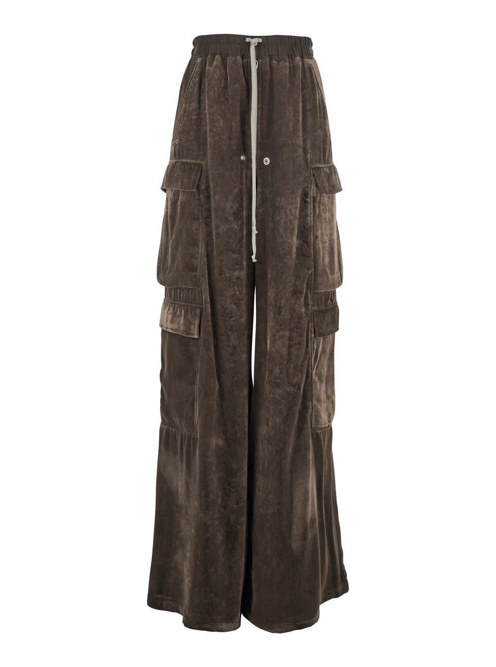 Cargo Belas Brown Pants with Drawstring Waist and Pockets in Velvet Woman Viscose Silk Trousers