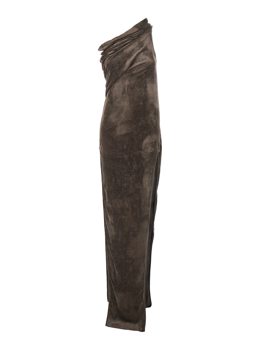 Athena Arrowhead Brown Asymmetric Long Dress with Ruched Neckline and Side Single Slit in Viscose Blend Woman Silk