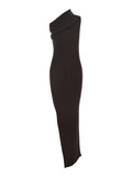 Athena Brown Ribbed Knit Sleeveless Asymmetric Long Dress with Wide Neckline in Viscose Blend Woman Polyester
