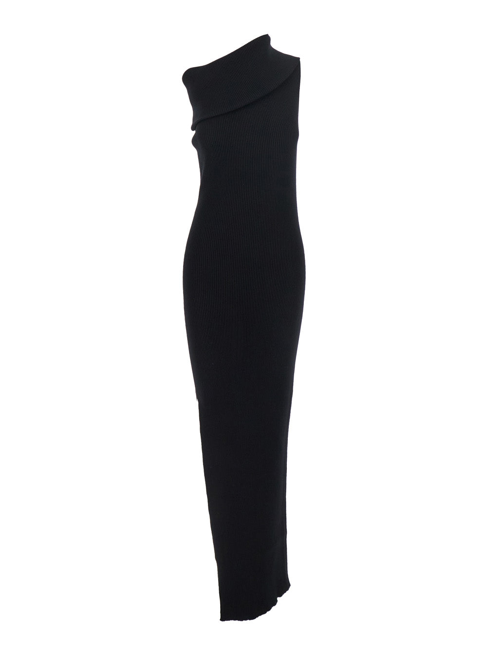 Athena Black Ribbed Knit Sleeveless Asymmetric Long Dress with Wide Neckline in Viscose Blend Woman Polyester