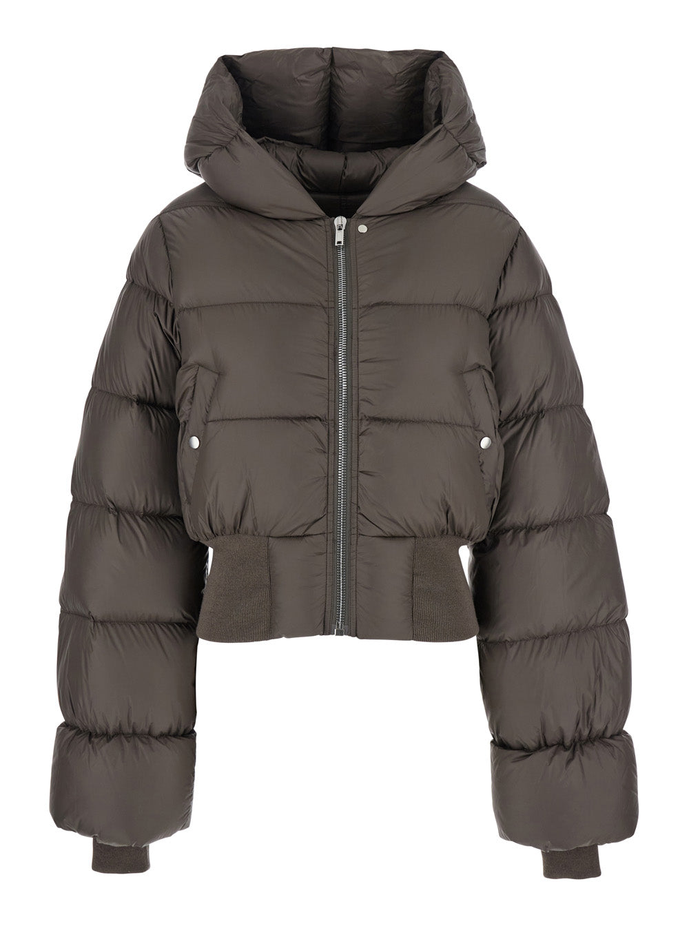 Brown Down Jacket with Crop Design and Fixed Hood in Tech Fabric Woman Nylon