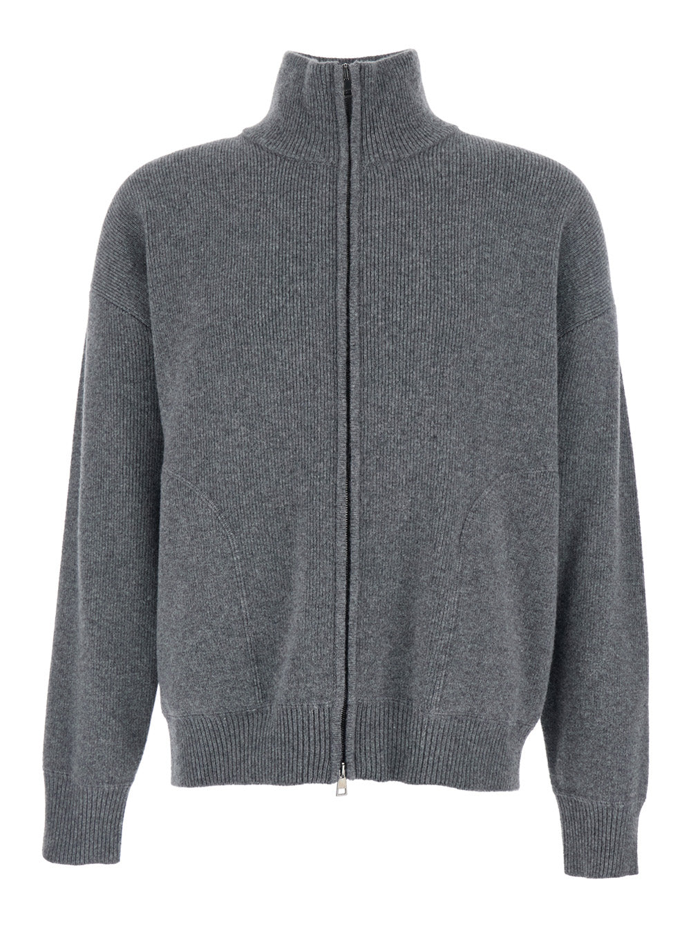 Grey Sweatshirt with Dropped Shoulders and Front Zip Closure in Wool Man Jersey