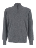 Grey Ribbed Knit Sweater with High Neck and Half Zip Closure in Wool Man Jersey