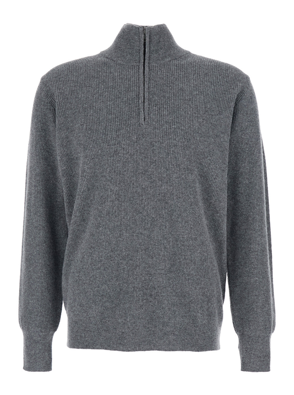 Grey Ribbed Knit Sweater with High Neck and Half Zip Closure in Wool Man Jersey
