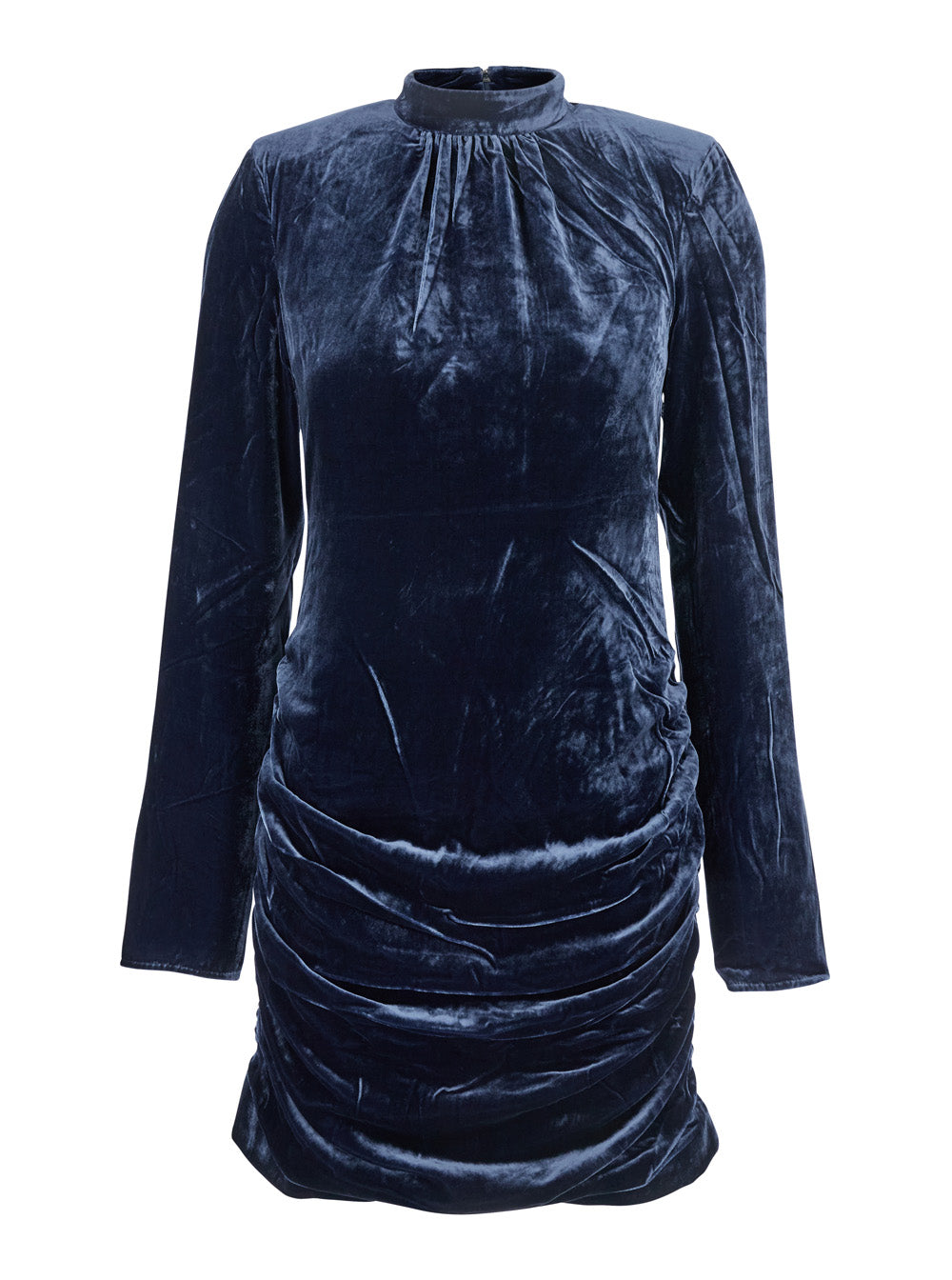 Blue Mini Dress with High Neck and Rear Zip Closure in Velvet Woman Blu Viscose Silk