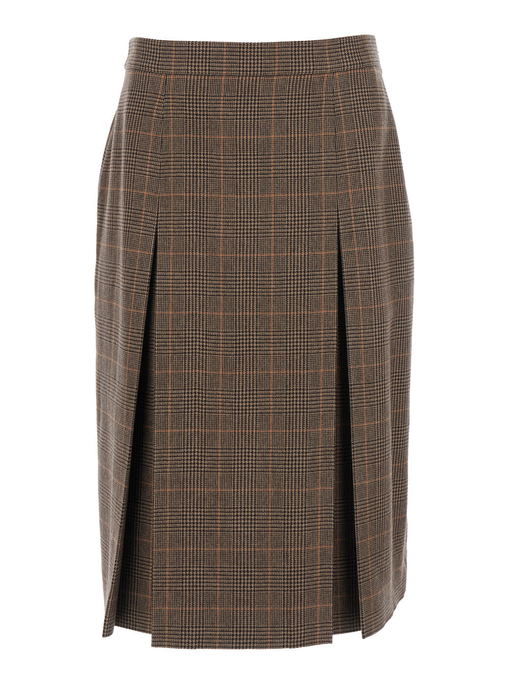 Grey Midi Skirt with Side Concealed Zip Closure and All-Over Check Motif in Wool Cashmere Woman Brown