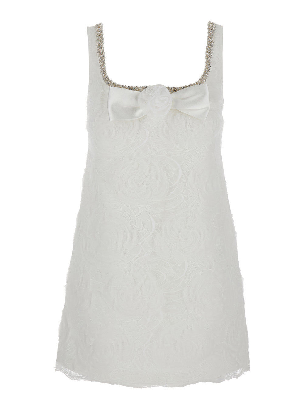 White Mini Dress with Square Neck and Bow Detail on the Front in Tech Fabric Woman Polyamid