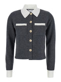 Grey Cropped Cardigan with Contrasting Classic Collar and Two Front Patch Pockets in Wool Blend Woman Jersey